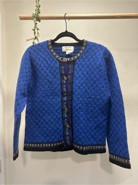 Women’s M | Vintage 90s Tally Ho Royal Blue 100% Wool Nordic Cardigan Sweater